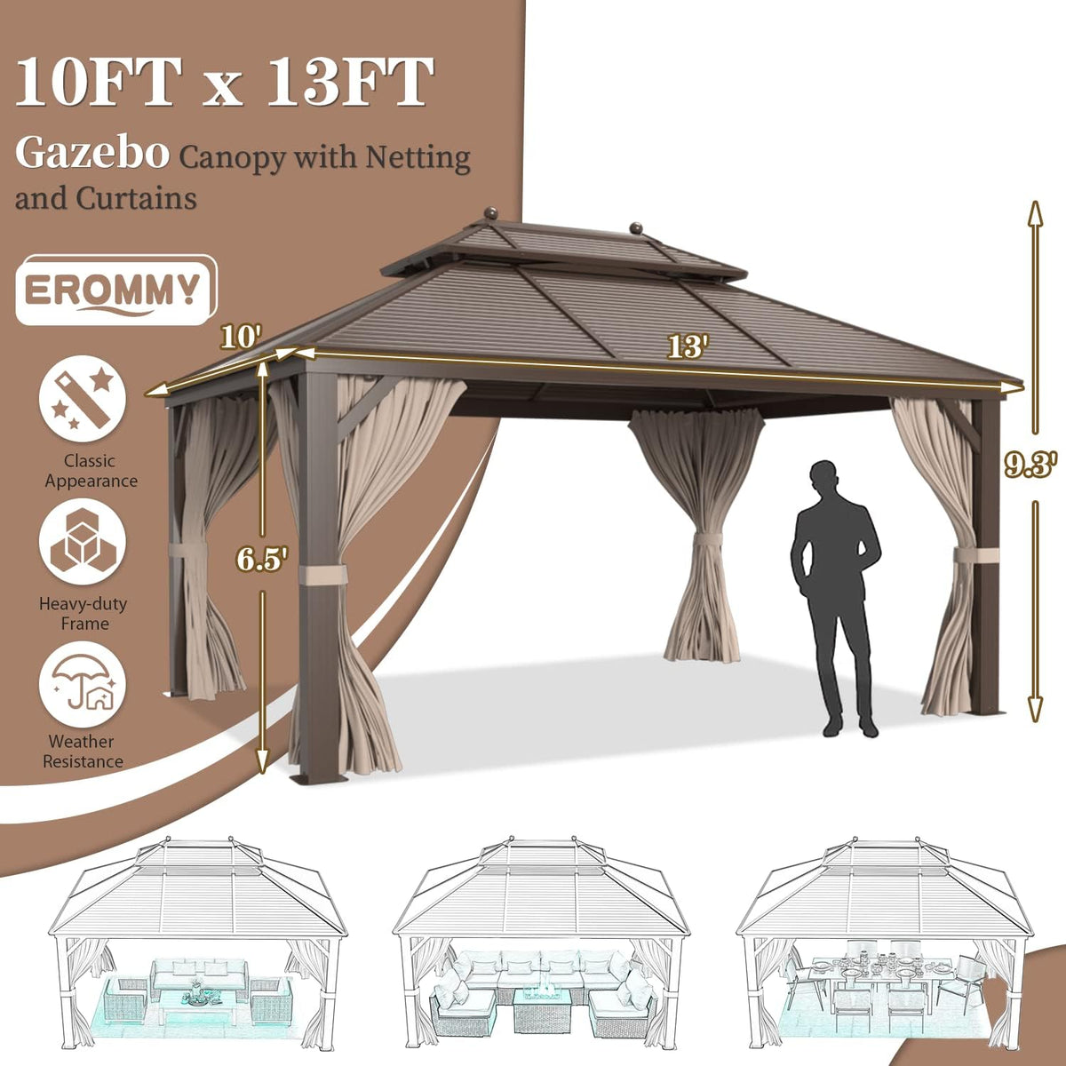 Galvanized Steel Aluminum Frame Gazebo with Netting and Curtains 10'x 13' W56058