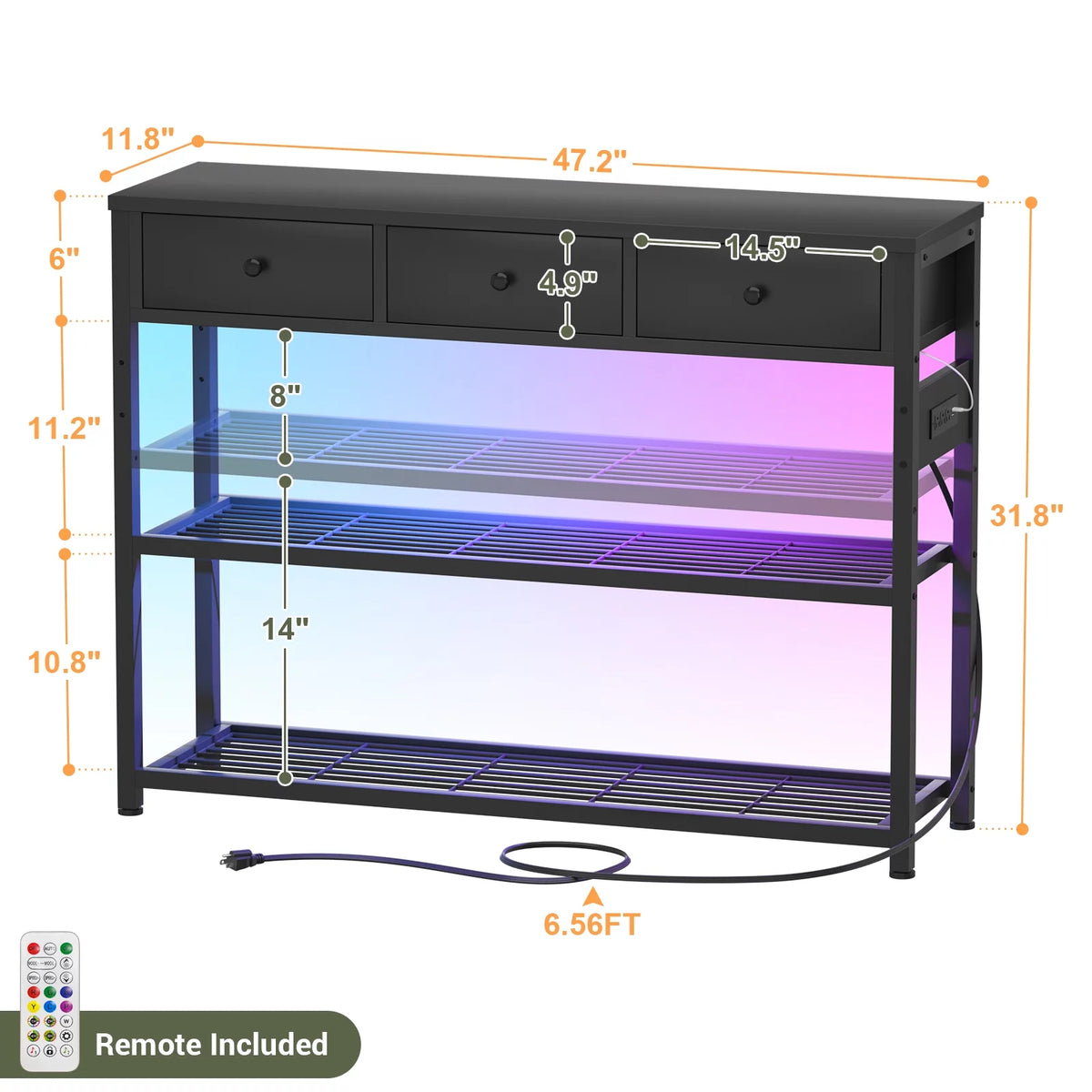Black Console Table with Charging Station and Storage Shelves U60859