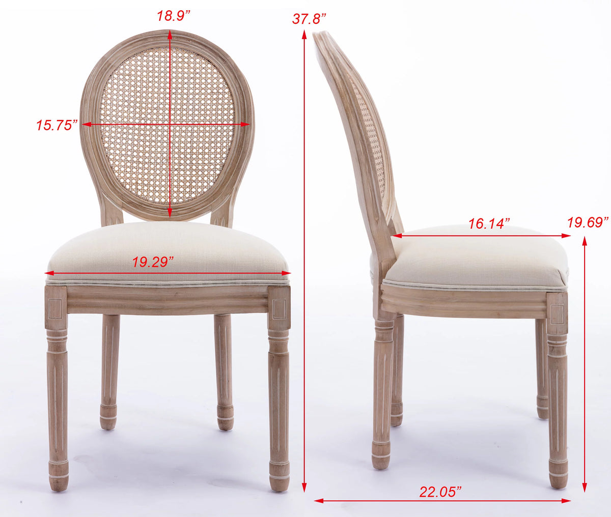 French Style Solid Wood Frame Linen Fabric Rattan Back Dining Chair, Set of 2 I695985