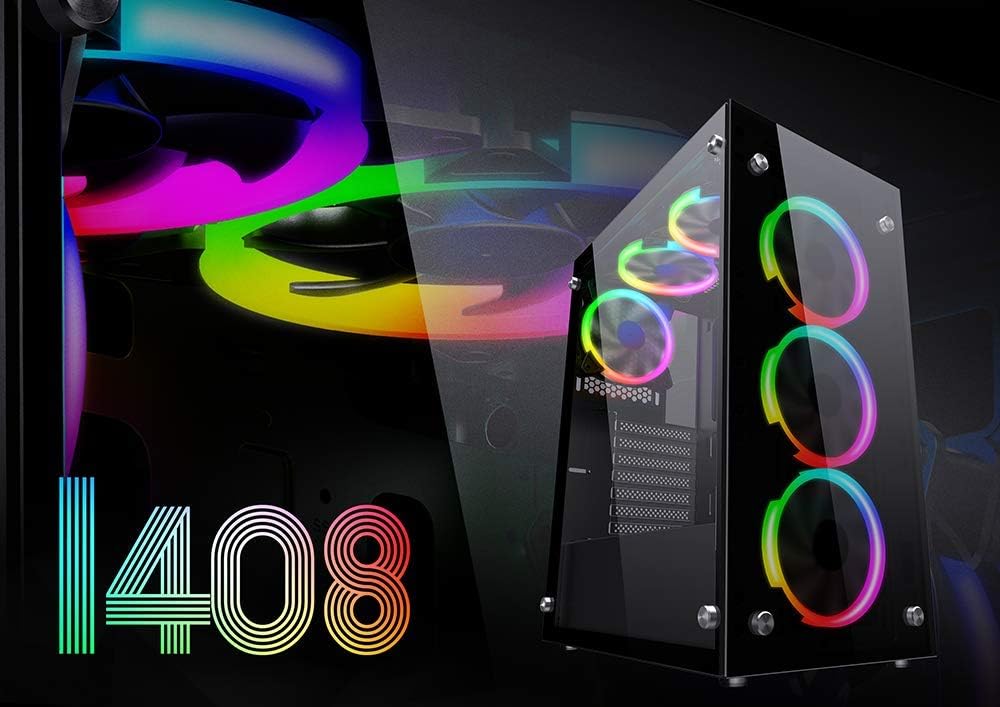 ATX Desktop Computer Case with Tempered Glass Window and 120mm ARGB LED Fans T80747