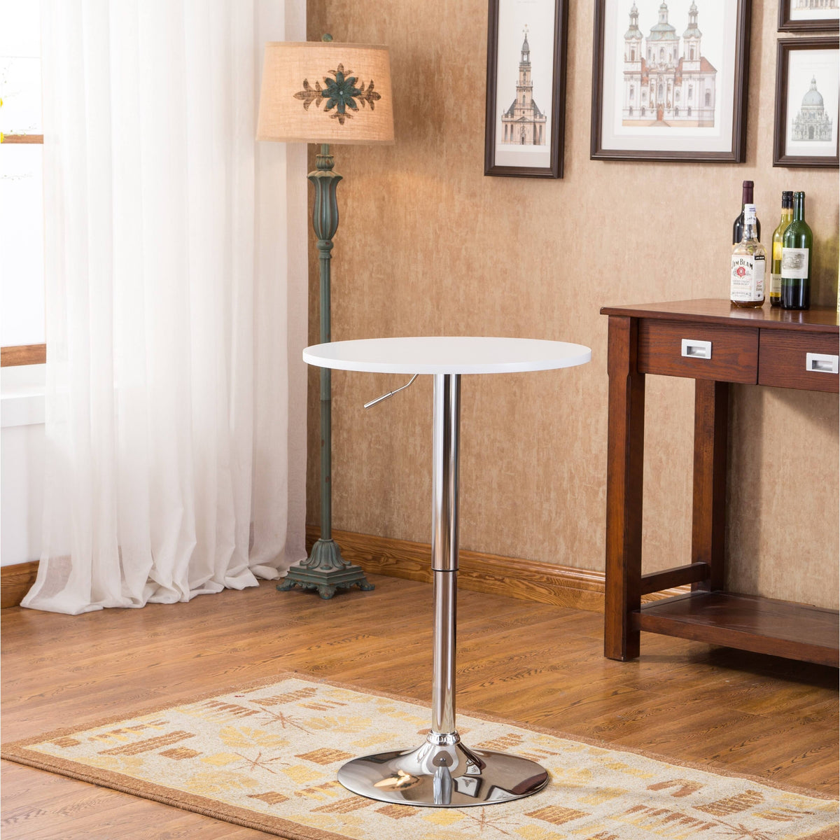 White Adjustable Height Wood and Chrome Metal Bar Table Z84998