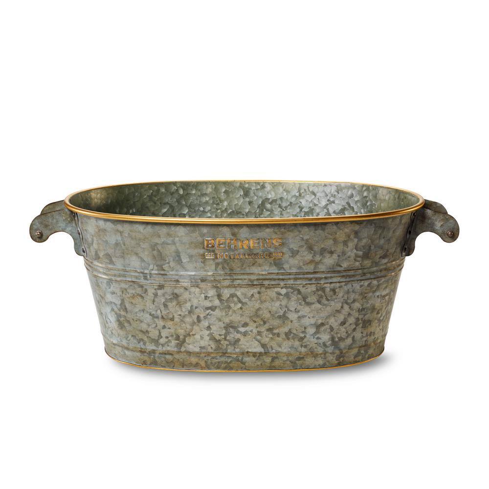 Aged Galvanized Oval Tub with Wood Handles Q34392