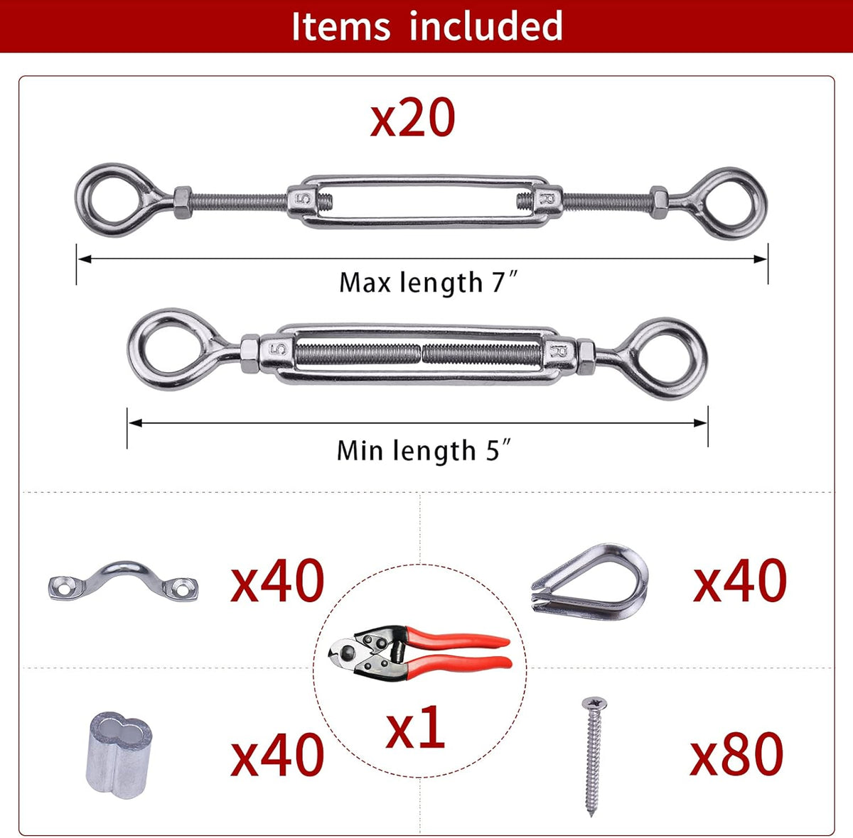 20Set 1/8" Stainless Steel Cable Railing Kit Hardware Turnbuckle M5 Eye to Eye Angle Adjustable Pack of 2 K3235