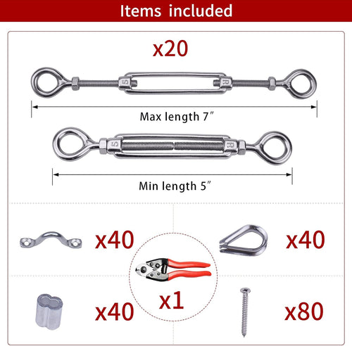 20Set 1/8" Stainless Steel Cable Railing Kit Hardware Turnbuckle M5 Eye to Eye Angle Adjustable Pack of 2 K3235