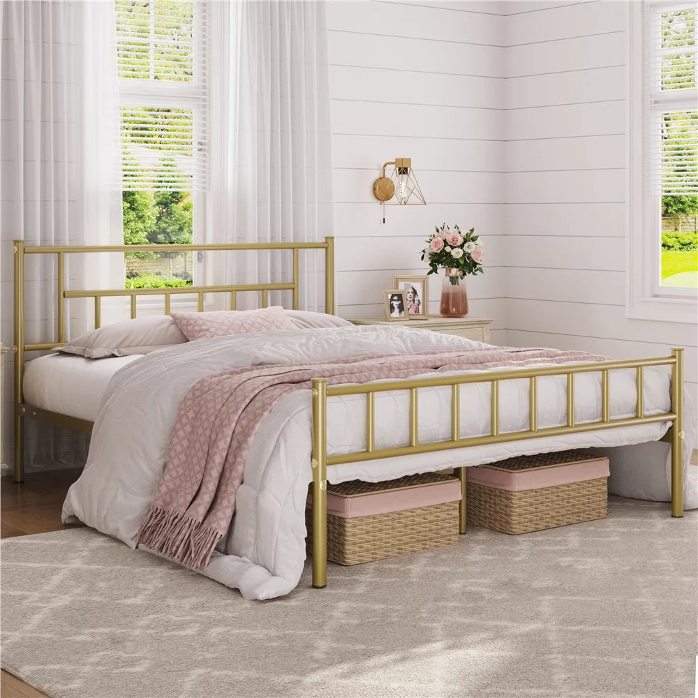 White Full Metal Platform Bed with Spindle Headboard and Footboard I4305