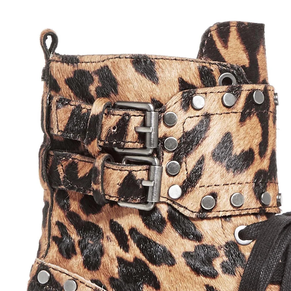 Brown Leopard Print Calf Hair Combat Boots D3402