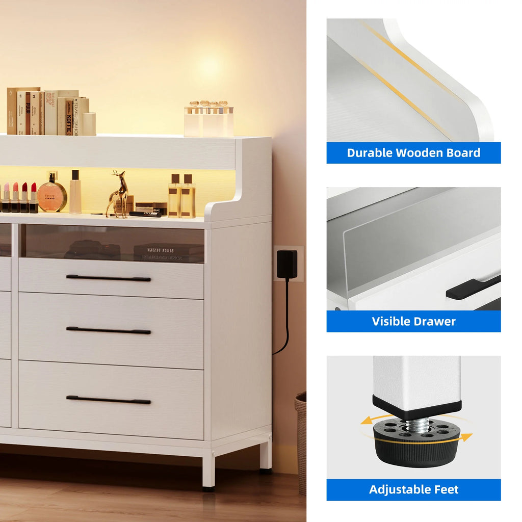 Black 6 Drawer Dresser with LED Light and Open Storage C696363