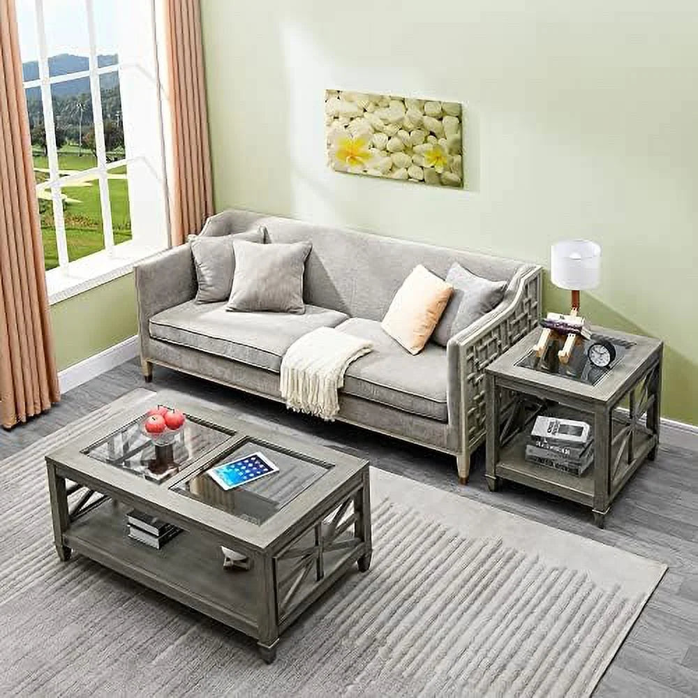 Rustic Solid Wood Glass Top Coffee Table 45.5"x26"x19" A602