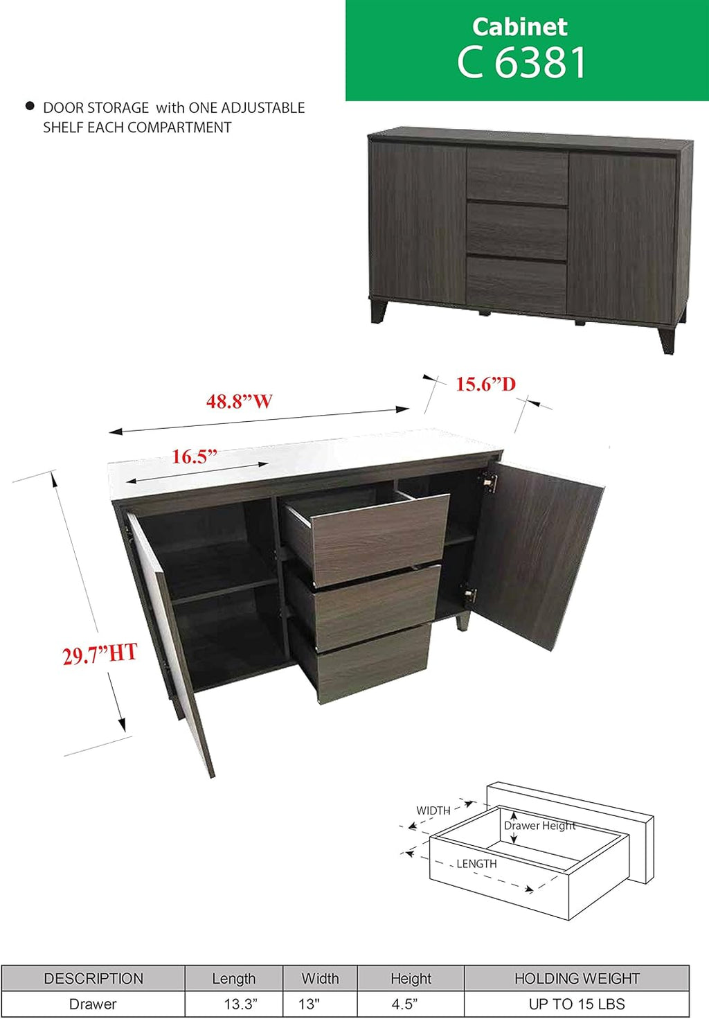 Oak Gray Wood Buffet Server Cabinet Console Table A997