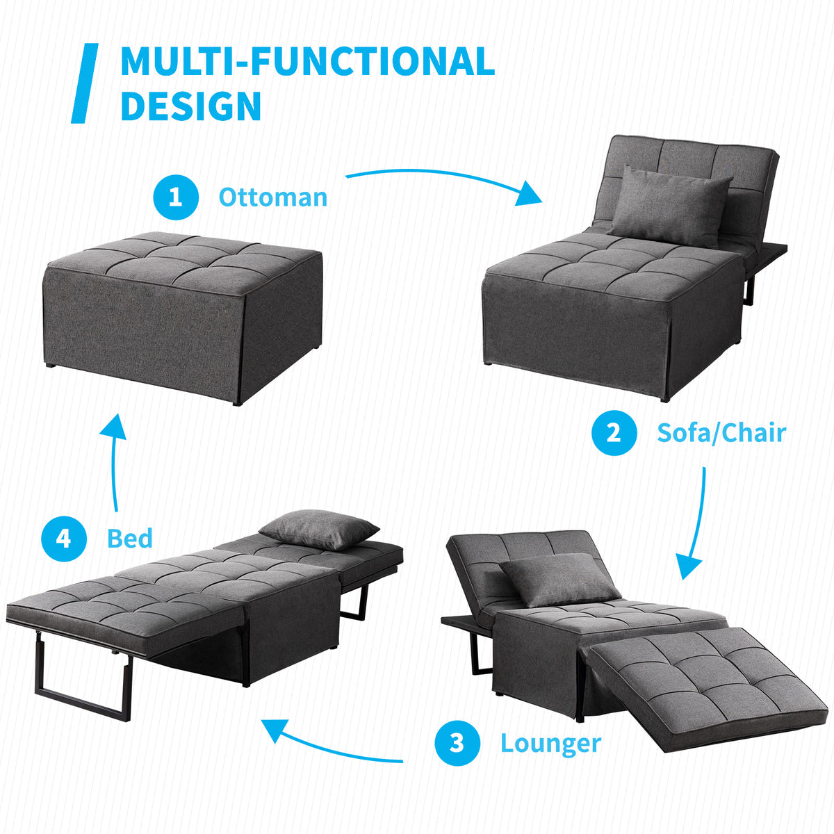 Dark Gray Linen Convertible Sofa Sleeper with Ottoman T386