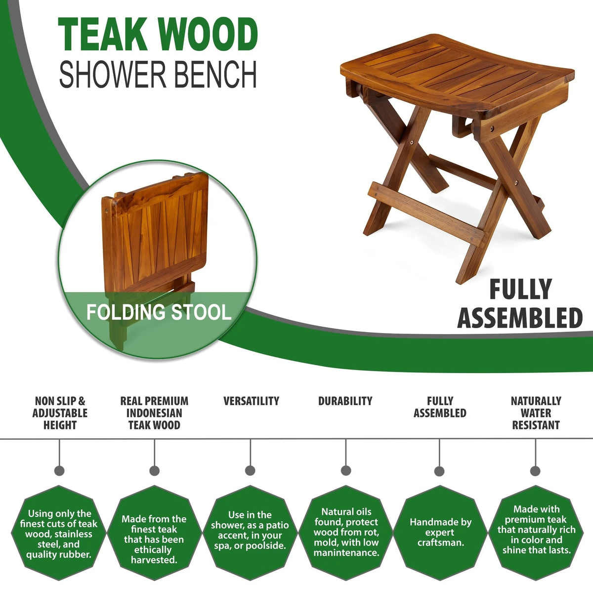 18 Inch Teak Folding Shower Stool V39256