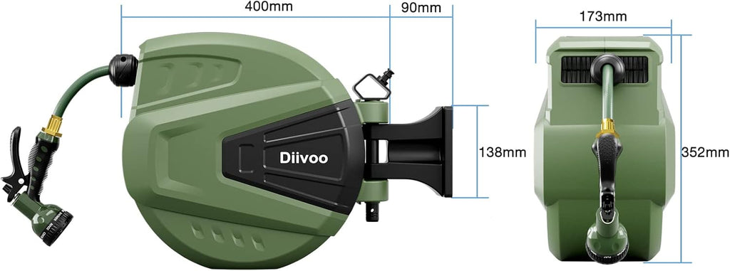 Retractable Garden Hose Reel 65 ft, Wall Mount, Automatic Rewind, 180° Swivel Bracket, 9 Pattern Hose Nozzle Q758