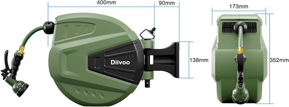 Retractable Garden Hose Reel 65 ft, Wall Mount, Automatic Rewind, 180° Swivel Bracket, 9 Pattern Hose Nozzle Q758