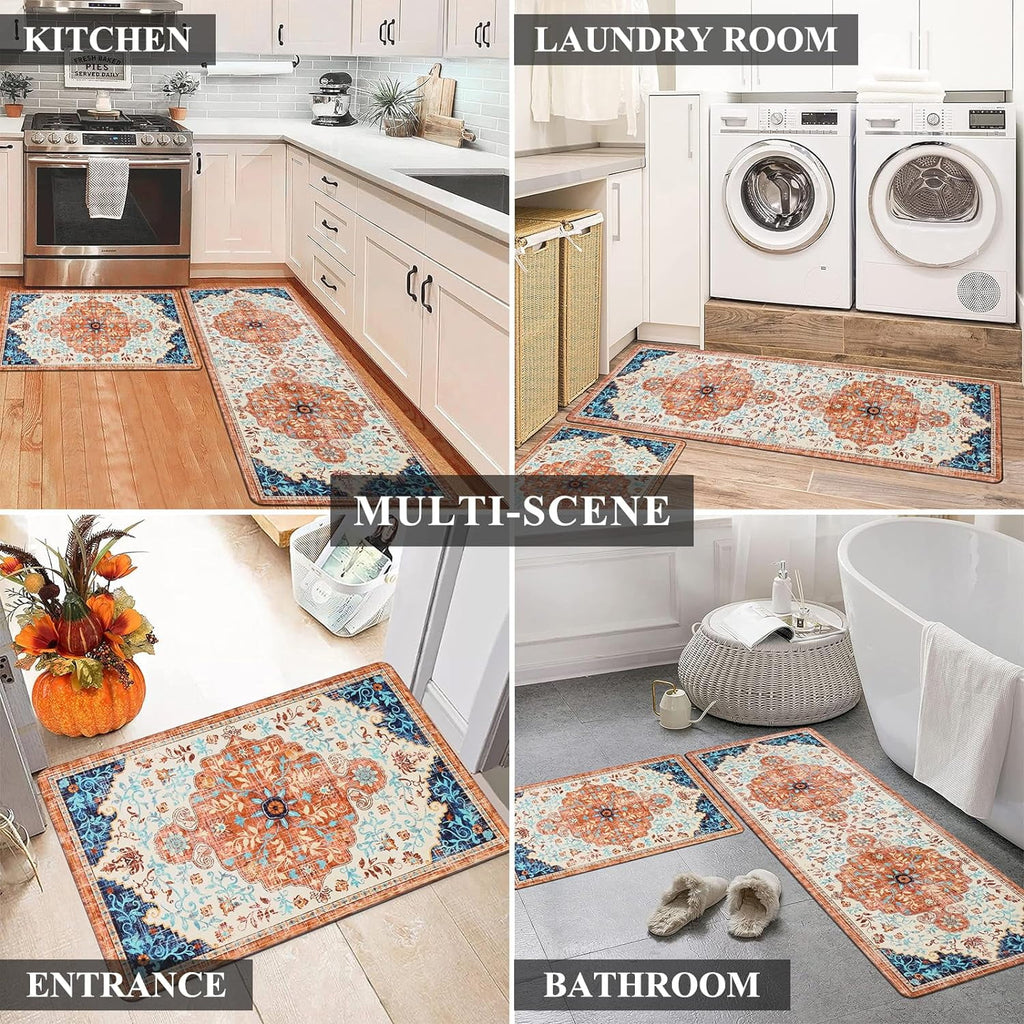 2pcs Waterproof Non Slip Kitchen Mat 0.4" Thick Cushioned Rug 17"x48"+17"x28" Orange M4497