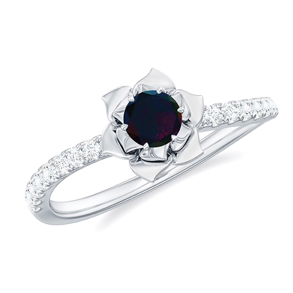 Natural Black Opal Floral Ring with Diamond Side Stones, 925 Sterling Silver, US 4.00 D397431
