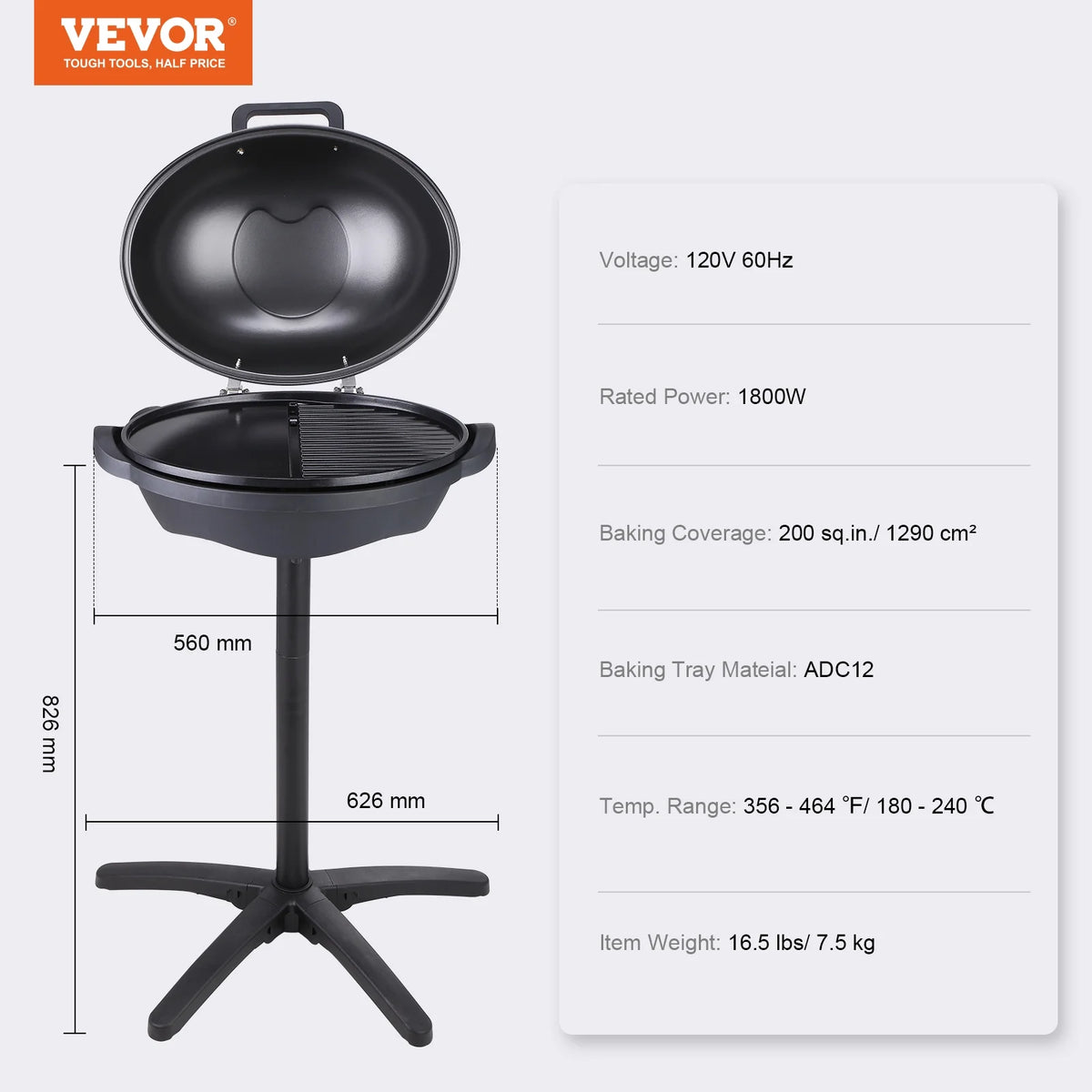 1800W Electric Grill with 2 Zone Grilling Surface I78668