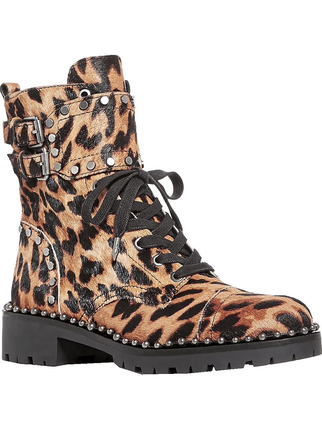 Brown Leopard Print Calf Hair Combat Boots D3402
