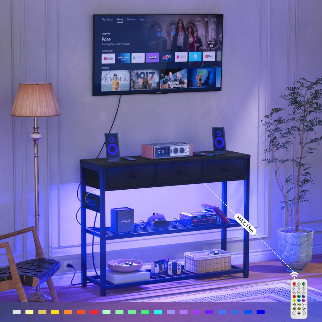 Black Console Table with Charging Station and Storage Shelves U60859