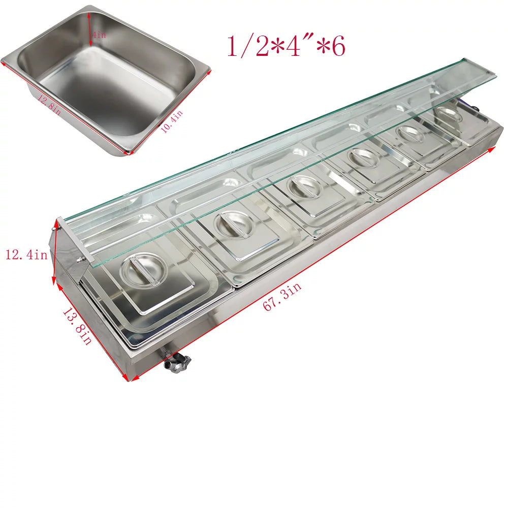 Electric Commercial Bain-marie Buffet Food Warmer Steam Table with Glass Guard 6-Pan B659