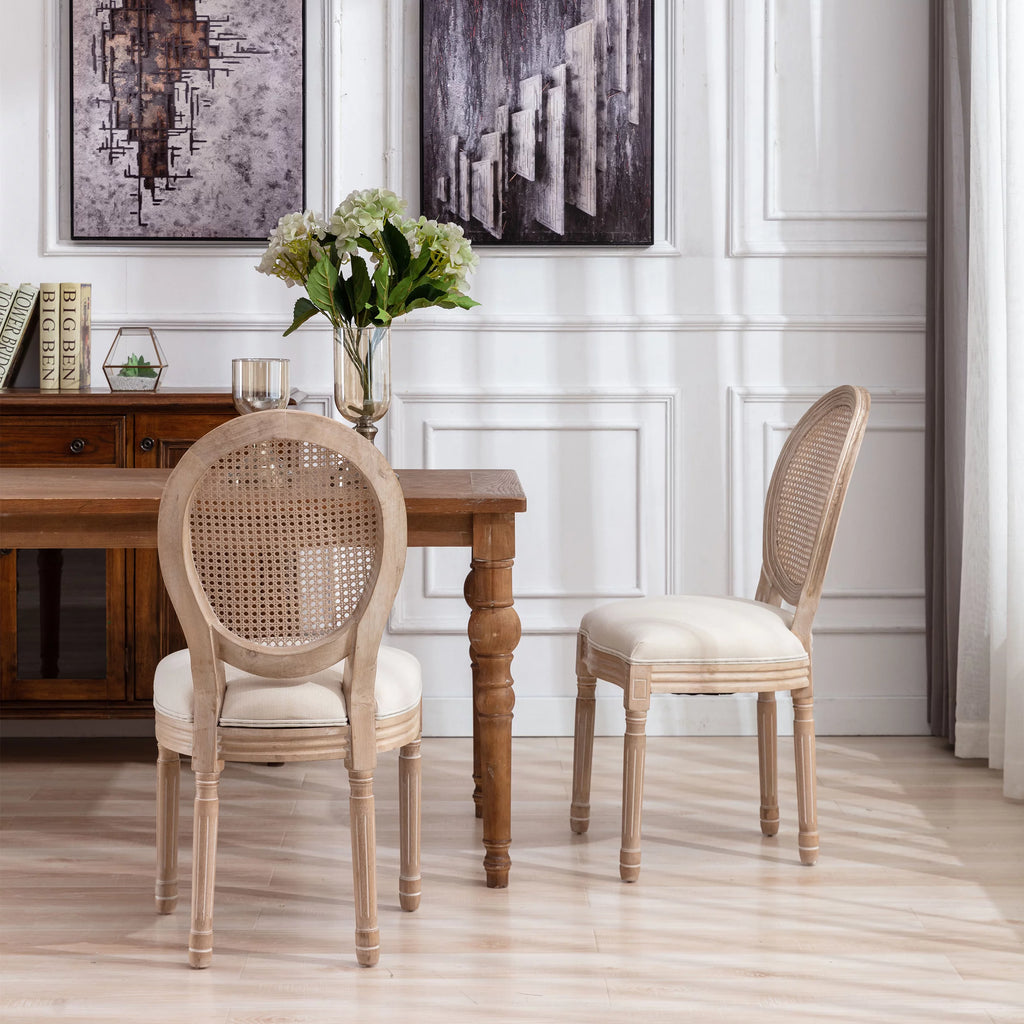 French Style Solid Wood Frame Linen Fabric Rattan Back Dining Chair, Set of 2 I695985