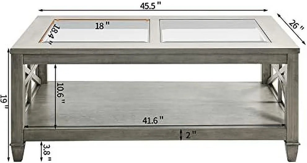 Rustic Solid Wood Glass Top Coffee Table 45.5"x26"x19" A602