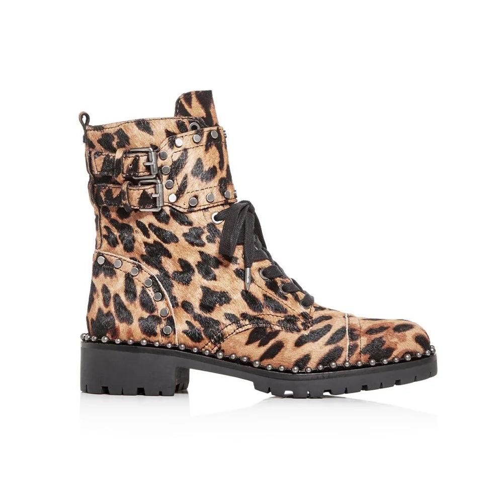 Brown Leopard Print Calf Hair Combat Boots D3402