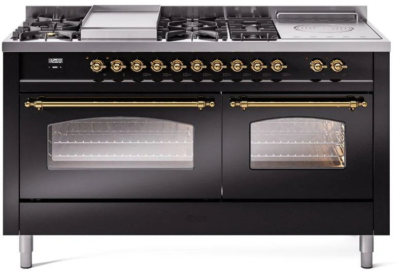 60 Dual Fuel Natural Gas Range Glossy Black Brass Trim O4691