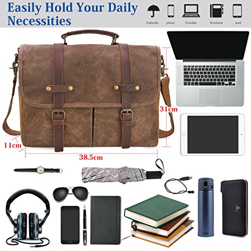 15.6 Inch Waterproof Brown Leather Canvas Messenger Bag P77506