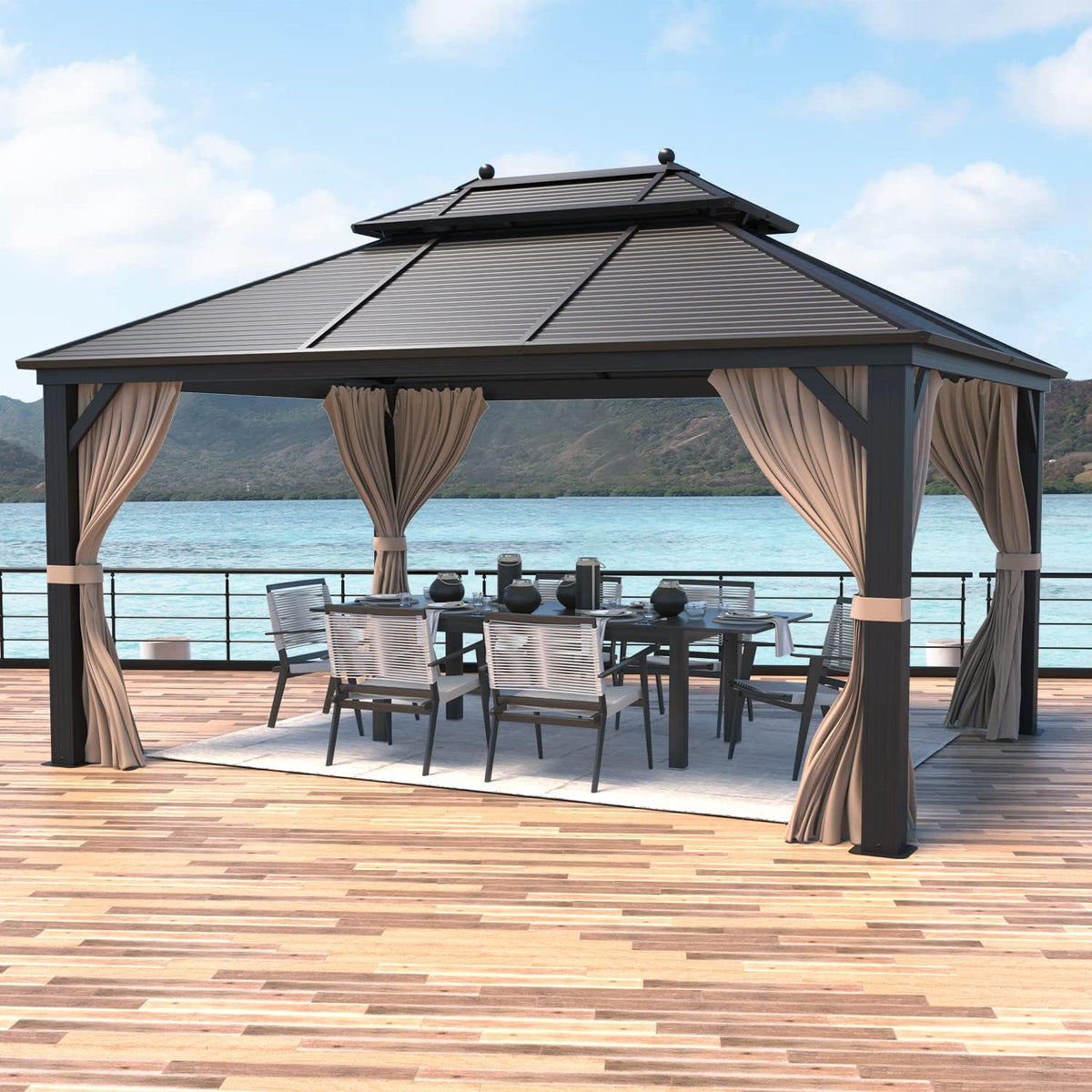 Galvanized Steel Aluminum Frame Gazebo with Netting and Curtains 10'x 13' W56058