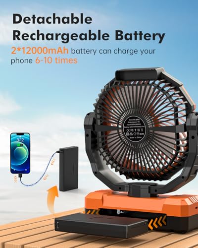 24000mAh Rechargeable Battery Operated Camping Fan with Light & Hook Z4273