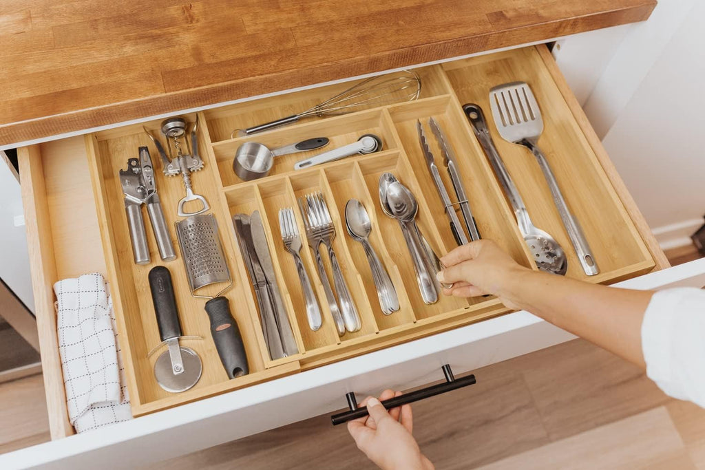 Expandable 28 Inch Bamboo Utensil Organizer, 10 Compartments, Pack of 2 S76910