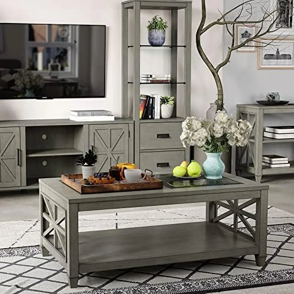 Rustic Solid Wood Glass Top Coffee Table 45.5"x26"x19" A602