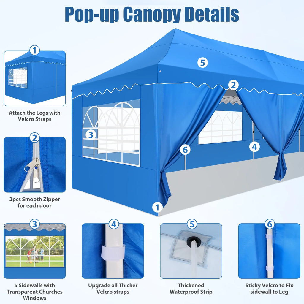10X30ft Heavy Duty Pop Up Canopy Tent with 8 Sidewalls Blue R233095