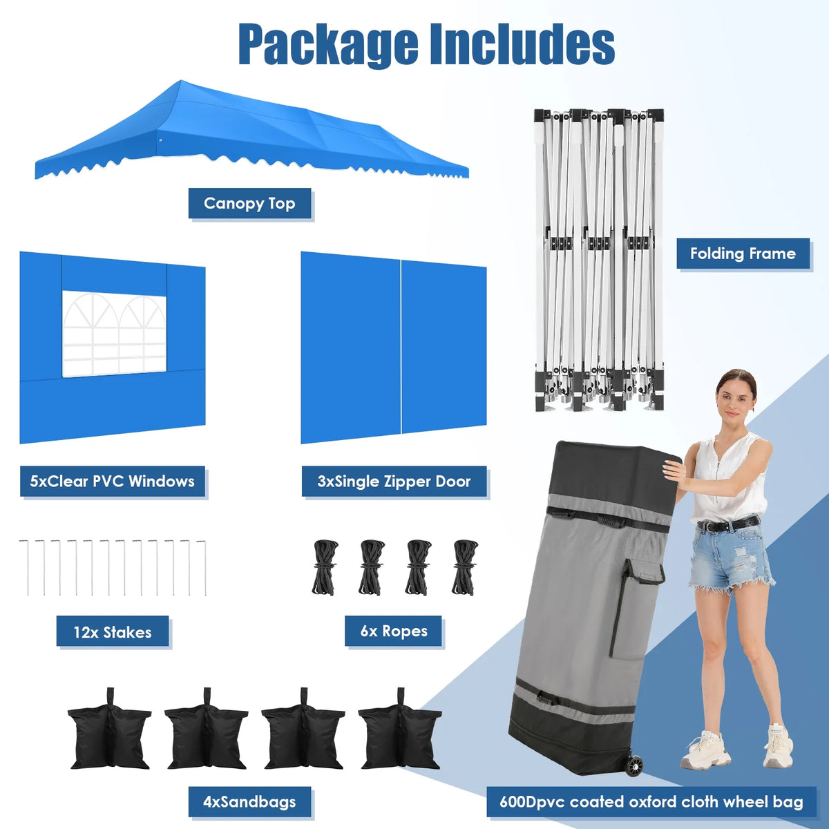 10X30ft Heavy Duty Pop Up Canopy Tent with 8 Sidewalls Blue R233095